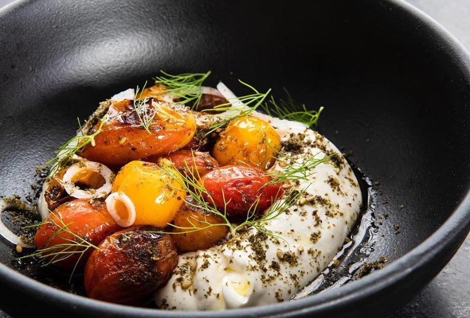 one fifth mediterranean taboon roasted tomatoes with whipped feta