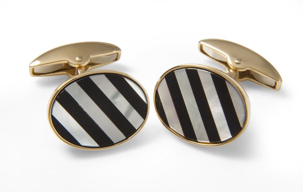 Deakin & Francis Yellow gold cufflinks with striped mother-of-pearl and onyx gemstones, $5,075