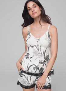 Soma’s Cool Nights cami with lace ($38), dramatic lily grand ivory shorts ($36)