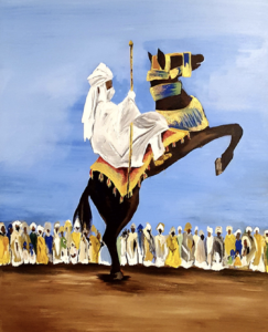 Adebayo Taiwo’s equestrian canvas speaks to the artist’s Nigerian heritage. (The Silos at Sawyer Yards, Studio 118)