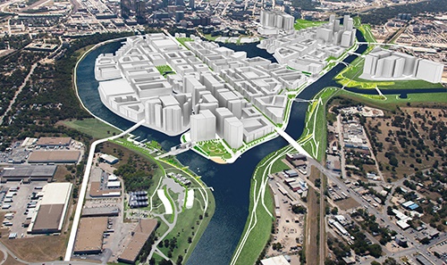 The vision of future development after the island known as Central City, is created by the bypass channel in the Trinity River plan.