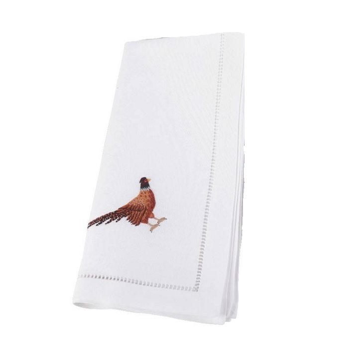 Embroidered Pheasant Design Hemstitched Napkin