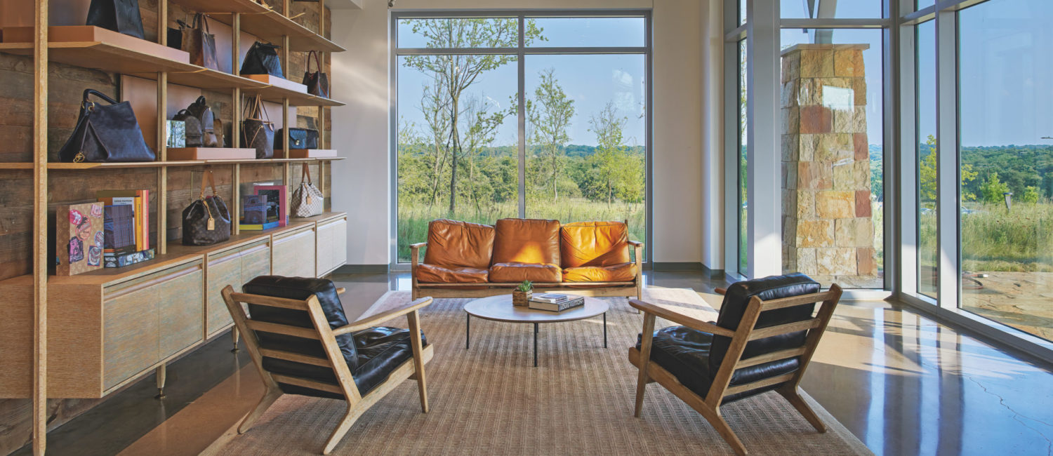 The guest entry lounge at Louis Vuitton’s Rochambeau Ranch features LV classic bags. (Photo by Jason Schmid)