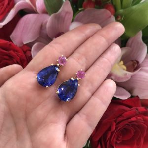 Tenenbaum Jewelers pair of bespoke tanzanite and pink sapphire drop earrings