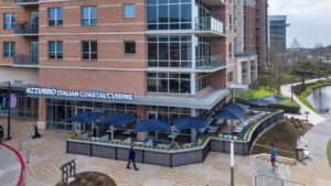 At the tip of Hughes Landing, Azzurro Italian Coastal Cuisine, has valet parking available in addition to nearby parking garages.