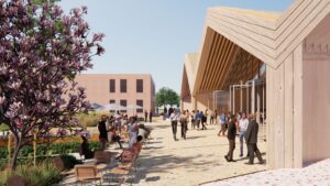 June – The timber building with its dramatic pitched roofline will be a beacon in the revitalization of its Fort Worth neighborhood.