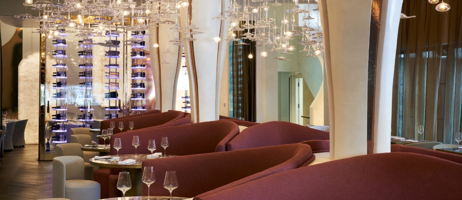Designer Nina Magon allows that it took three workers three full days to install the Visio crystal chandelier in the Cocody dining room. (Photo courtesy of Nina Magon Studio))
