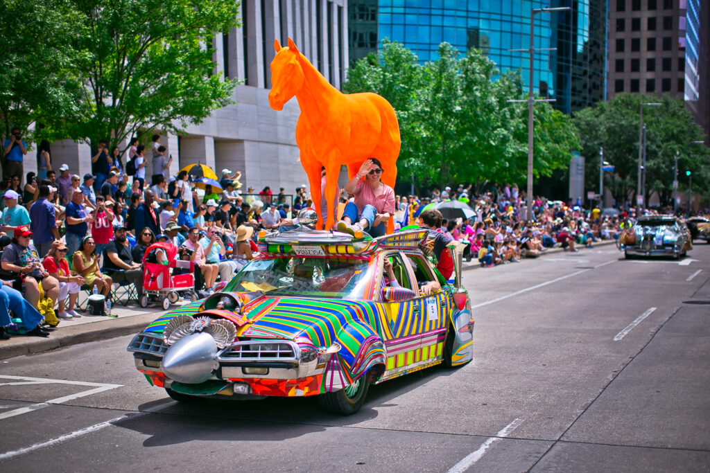 David Best’s Orange Horse certainly turned heads at Houston’s Art Car Parade. (Photo by Morris Malakoff)